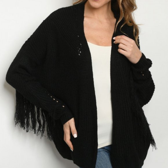 Three Bird Nest Sweaters - Black Fringe Cardigan